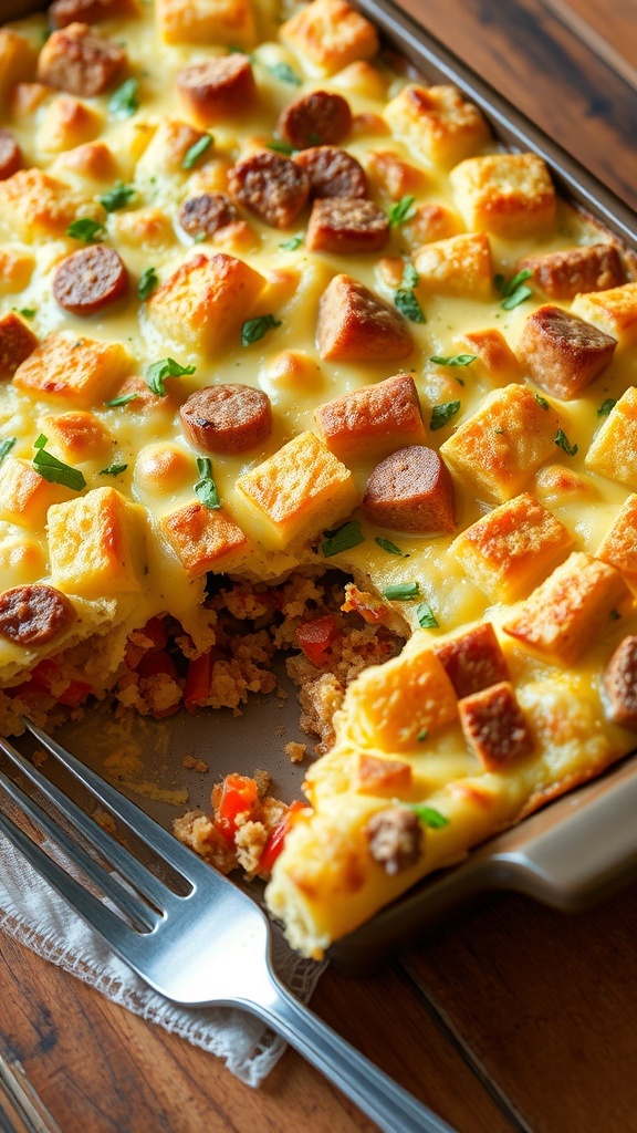 A delicious breakfast toast casserole with cheese, sausage, and bell peppers, served in a rustic dish.